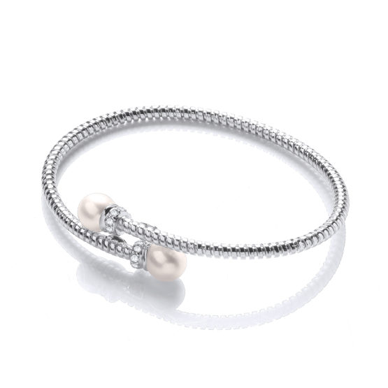 Ellen Pearl Platinum Plated Sterling Silver Bangle Bracelet with Fresh Water Pearls and Cz Crystals
