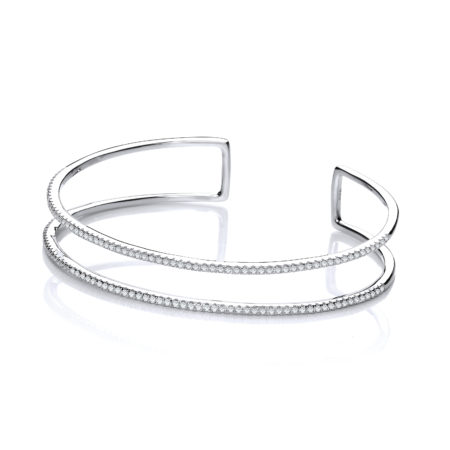 Micro Pave' Two Row Cz Cuff 925 Sterling Silver Bangle