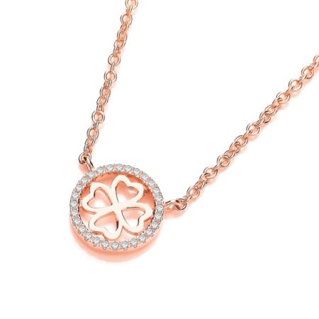 Rose Gold Plated 925 Sterling Silver, Four Leaf Halo Cz Clover 17" Necklace