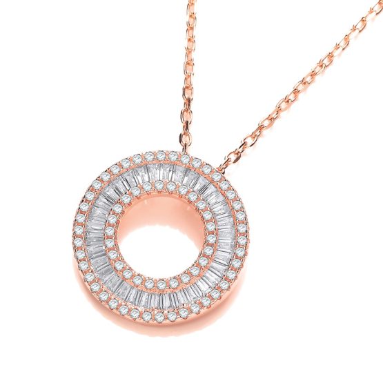 Rose Gold Plated 925 Sterling Silver Circle of Life Baguettes & Round Cz 17″ Necklace