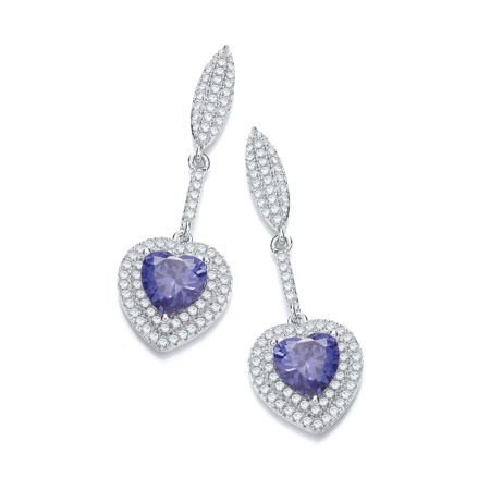 Micro Pave' Blue Heart Drop Cz Earrings