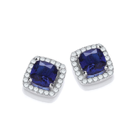 Micro Pave' Blue Pricess Cut Cz Stud Earrings