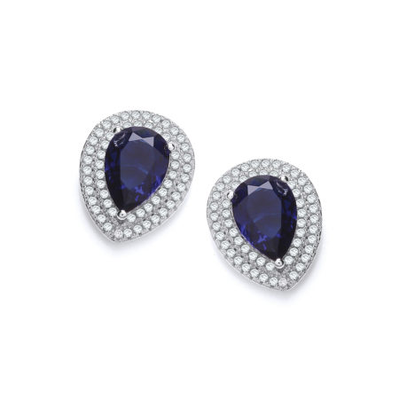 Micro Pave' Blue Pear Shape Cut Cz Stud Earrings