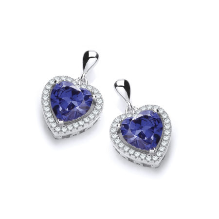 Micro Pave' Blue Heart Cz Drop Earrings