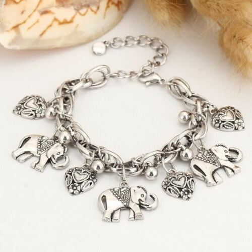 Silver Elephant and Heart Charm Bracelet